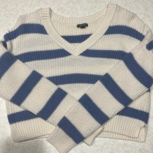 Striped Cream & Blue Knitted Sweater V Neck